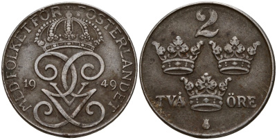 Швеция 2 эре 1949 Густав V (1907-1950) KM 811 железо 4189-738