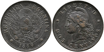 Аргентина 2 сентаво 1889 голова Свободы влево KM 8 бронза 4531-916