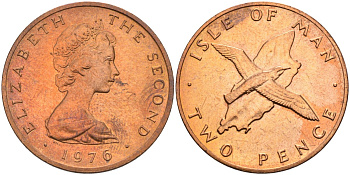 Остров Мэн 2 пенса 1976 птица, Елизавета II (1952) KM 34 бронза UNC 4583-111