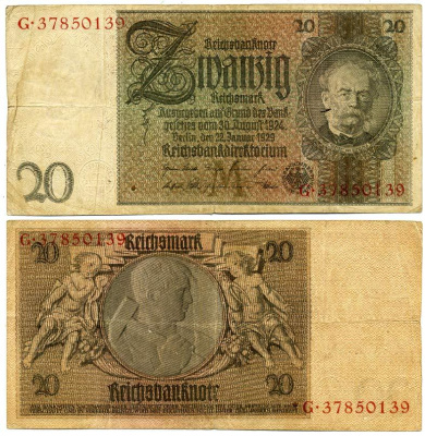 ГЕРМАНИЯ 20 РЕЙХСМАРОК 1929 Pick 181a бумага 3295-81-1