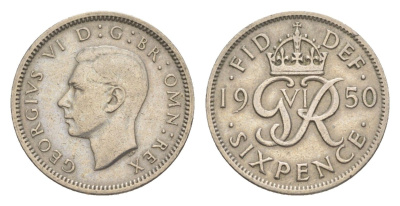 Великобритания 6 пенсов 1950 Георг VI (1936-1952) KM 875, Spink 4110 медно-никель 4639-236