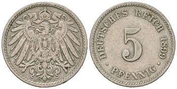Германия 5 пфеннигов 1899 J, Вильгельм II (1888-1918) KM 11, J. 12 медно-никель 4615-732