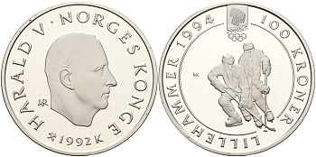 Норвегия 100 крон 1992 зимние Олимпийские игры 1994 года в Лиллехаммере, хокей  KM 441 серебро  PROOF  01-236-32