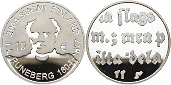 Финляндия 10 евро 2004 200 лет со дня рождения Йохана Людвига Рунеберга, поэт KM 115 серебро  PROOF 11-207-42