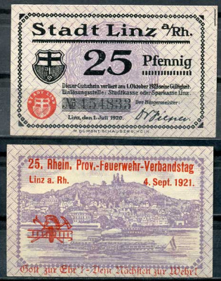 Германия, Линц-на-Рейне 25 пфеннигов 1920 нотгельд, 1.10.1923 Tieste 4140/71 бумага UNC (пресс) 8614-42-3-2