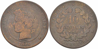 ФРАНЦИЯ 10 САНТИМОВ 1886 A, ТРЕТЬЯ РЕСПУБЛИКА (1871-1940) KM 815.1, LA FRANC 135.30 бронза 97-1015