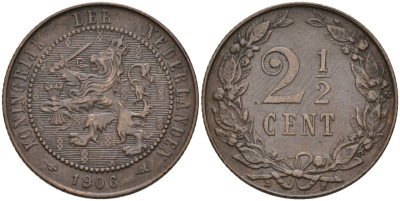 Нидерланды 2 1/2 цента 1906 Вильгельмина (1890-1948) KM 134 бронза 4575-912