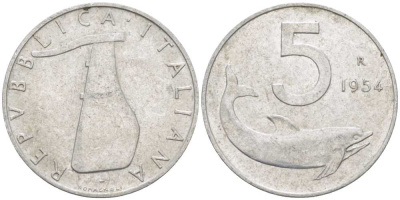 ИТАЛИЯ 5 ЛИР 1954 R, РУЛЬ, ДЕЛЬФИН KM 92 алюминий 95-516