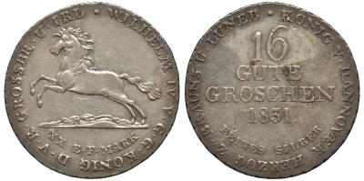 Брауншвейг-Каленберг-Ганновер 16 гутергрошенов 1831 Вильгельм IV (1830-1837) J. 33 a, AKS 66, Kahnt 211 серебро  aUNC  11-119-52