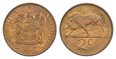 ЮАР 2 цента 1986 герб, антилопа гну KM 83 бронза UNC 4177-255