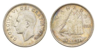 Канада 10 центов 1951 Георг VI (1936-1952), парусник KM 43 серебро 4639-558