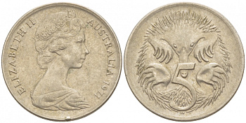 АВСТРАЛИЯ 5 ЦЕНТОВ 1971 ЕЛИЗАВЕТА II, МОЛОДОЙ ПОРТРЕТ, ЕХИДНА KM 64 медно-никель 4532-555