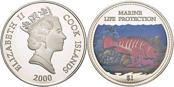 Острова Кука 1 доллар 2000 серия морская фауна, красная рыба вправо, цветная эмаль KM 1096 медно-никель PROOF 1085-8-31