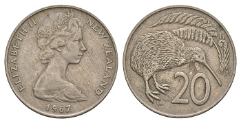Новая Зеландия 20 центов 1967 Елизавета II (1952-2022), птичка киви KM 36.1 медно-никель 4182-746