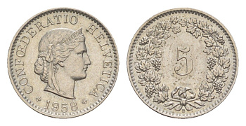 Швейцария 5 раппенов 1958 B KM 26 медно-никель 4532-665