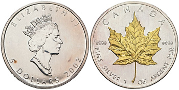 Канада 5 долларов 2002 кленовый лист, редчайший экземпляр, проба чекана (кленовый лист плакирован золотом, данный реверс стал использоваться только с 2007 года) серебро с золотым покрытием 00-820-06