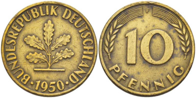 ФРГ 10 ПФЕННИГОВ 1950 F KM 108, J. 383 сталь плакированная латунью 4402-253