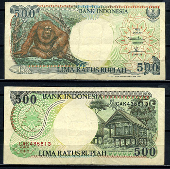 Индонезия 500 рупий 1992/1997 орангутан Pick 128f бумага 8602-22-2-1