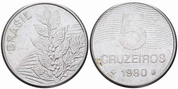 БРАЗИЛИЯ 5 КРУЗЕЙРО 1980 КОФЕ KM 591 нержавеющая сталь 108-1132