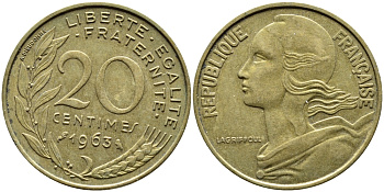 ФРАНЦИЯ 20 САНТИМОВ 1963 KM 930 медь алюминий никель 4393-156