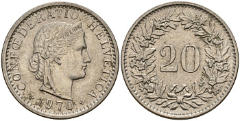 Швейцария 20 раппенов 1970 KM 29a медно-никель 4187-611