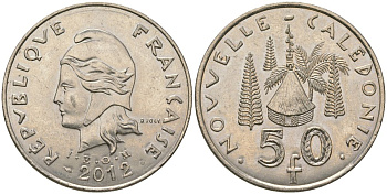 Французская Новая Каледония 50 франков 2012 хижина среди сосен и пальм, (IEOM) KM 13a, Schoen 15a, Lec 128i медно-никель 115-1032