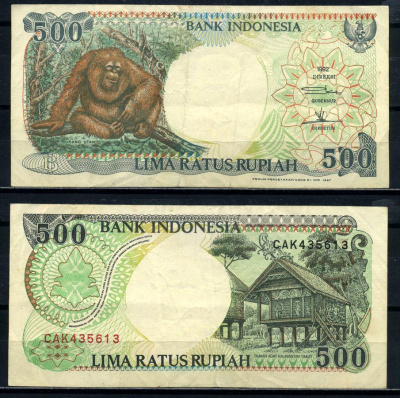 Индонезия 500 рупий 1992/1997 орангутан Pick 128f бумага 8602-22-2-1