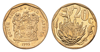 ЮАР 20 центов 1995 герб, цветок протея KM 136 сталь плакированная бронзой UNC 4694-839