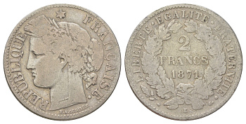 Франция 2 франка 1871 K KM 817 серебро 4622-1126