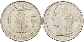 БЕЛЬГИЯ 1 ФРАНК 1969 BELGIQUE, БОДУЭН I (1951-1993) KM 142.1 медно-никель 213-524