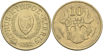 Кипр 10 центов 1992 амфора KM 56.3 никель латунь    4595-937