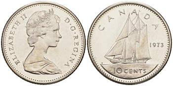 Канада 10 центов 1973 Елизавета II, парусник, второй портрет в короне KM 77.1 никель UNC 188-151