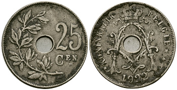 Бельгия 25 сантимов 1922 Belgie KM 69 медно-никель 4165-845