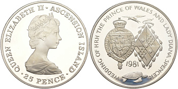 Остров Вознесения 25 пенсов 1981 свадьба принца Чарльза и леди Дианы, гербы, в оригинальной коробке, с сертификатом KM 3 b серебро  PROOF  00-00