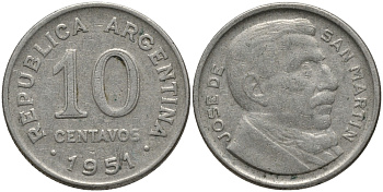 Аргентина 10 сентаво 1951 генерал Хосе де Сан Мартин KM 47 медно-никель 4396-236