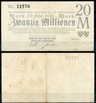 Германия, Биркенфельд 20000000 марок 1923 нотгельд, 11.09.1923 бумага 444-106-2-2