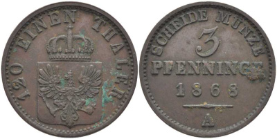 ПРУССИЯ 3 ПФЕННИГА 1868 А, ВИЛЬГЕЛЬМ I (1861-1888) KM 482 медь 117-1122