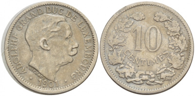 ЛЮКСЕМБУРГ 10 САНТИМОВ 1901 АДОЛЬФ (1890-1905) KM 25 медно-никель 4548-812