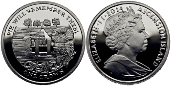 Остров Вознесения 1 крона 2014 в память героев первой мировой войны, кладбище KM NEW серебро PROOF 1071-1-61