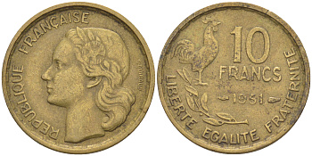 Франция 10 франков 1951 петух KM 915.1, Le Franc 363.4 алюминиевая бронза 188-155