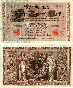 Германия 1000 марок 1910 Pick 44b бумага 7547-35-3-2