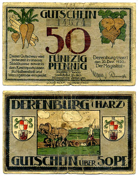 ДЕРЕНБУРГ НА ХАРЦЕ 50 пфеннигов 1920 20 декабря 1920 НА 3 МЕСЯЦА, земля Саксония-АНХАЛЬТ Mehl 263.1 бумага 7523-12-4-2