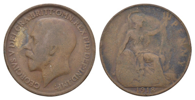 Великобритания 1 пенни 1918 Георг V (1910-1936) KM 810, Spink 4051 бронза 4661-541