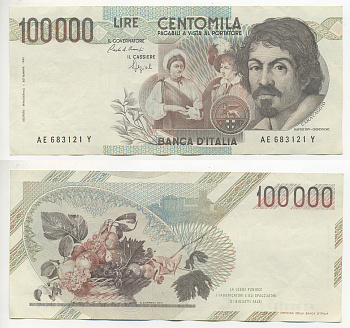 Италия 100000 лир 1983 Караваджо, фруктовый букет, подпись Speziali Pick 110b бумага 7220-25-1