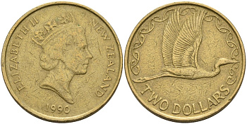 Новая Зеландия 2 доллара 1990 Елизавета II (1952-2022), большая белая цапля KM 79 алюминиевая бронза 51-3942