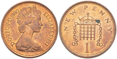 Великобритания 1 пенни 1980 Елизавета II (1952-2022) KM 915, Spink 4237 (B1) бронза 175-612