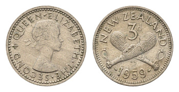 Новая Зеландия 3 пенса 1959 Елизавета II (1952-2022) KM 25.2 медно-никель 4669-612