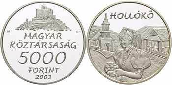 Венгрия 5000 форинтов 2003 серия всемирное наследие Венгрии, Холлоке, тираж 5000 экземпляров KM 772 серебро PROOF 11-178-41