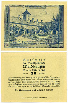 Австрия, Вальдхаузен 20 геллеров 1921 15-31 марта 1921, нотгельд, ярмарочная коммуна в Нижней Австрии   бумага  UNC (пресс) 7221-34-2-2