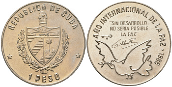 Куба 1 песо 1986 международный год мира KM 156 медно-никель UNC 4165-1132
